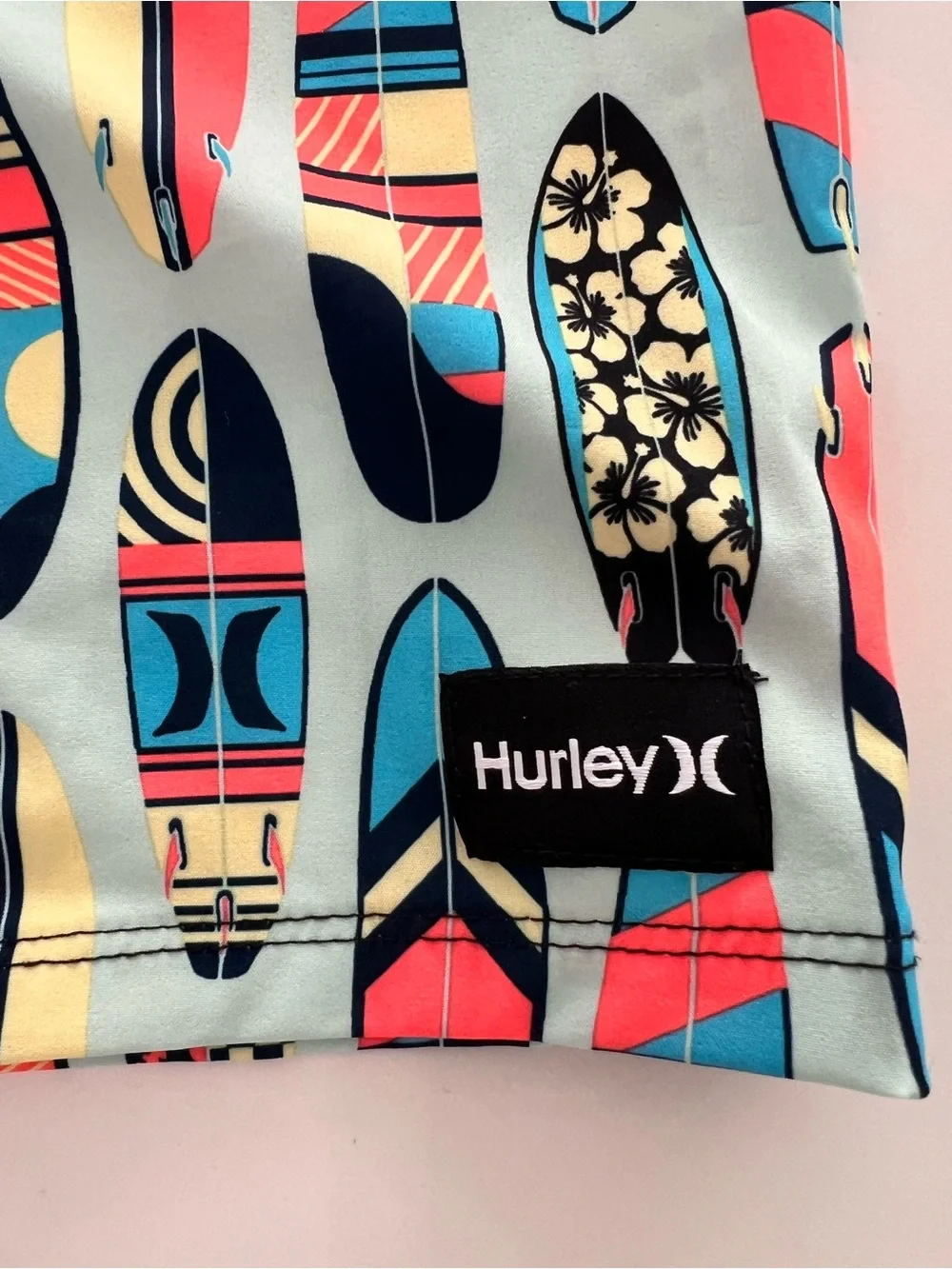Hurley Light Blue Surfboard Pattern Boys' Swim Trunks with Black Waistband
